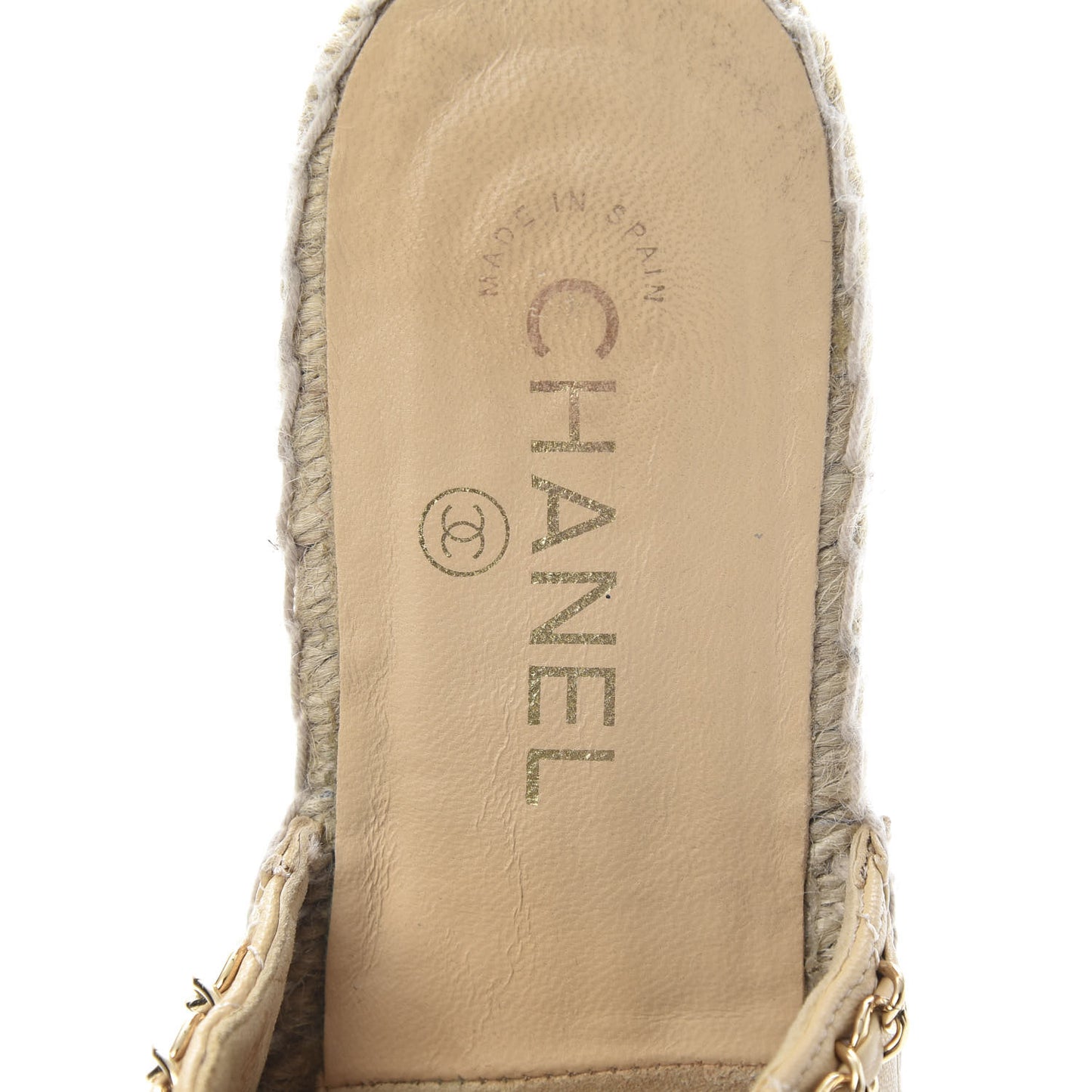 Lambskin Grosgrain Quilted CC Chain Espadrille Mules 39 Beige Black