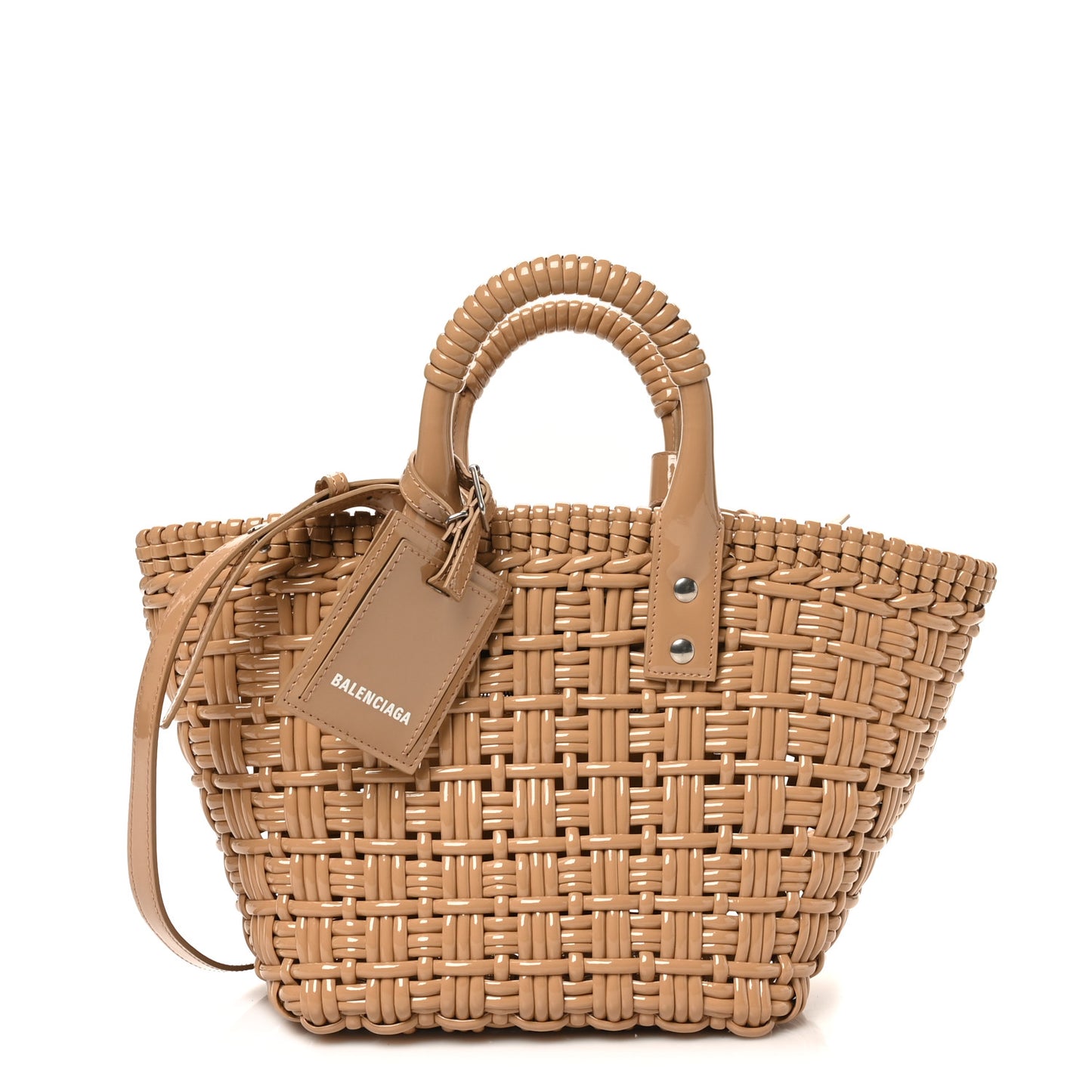 Varnished Faux Calfskin Braided XS Bistro Basket Beige