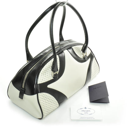 Prada Vitello Drive Perforated Bowling Bag Gesso Black 3 of 12