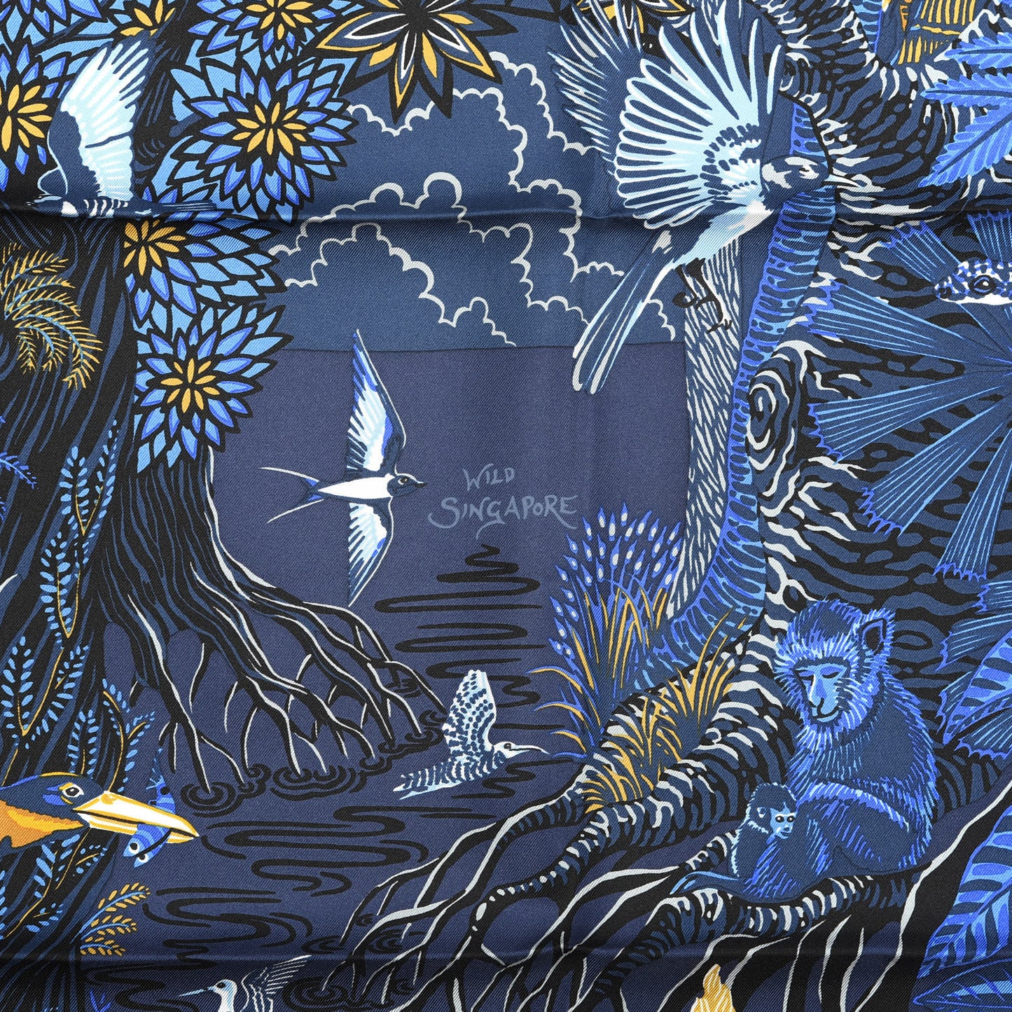 Silk Wild Singapore Scarf 90 Bleu Roy Gold Marine