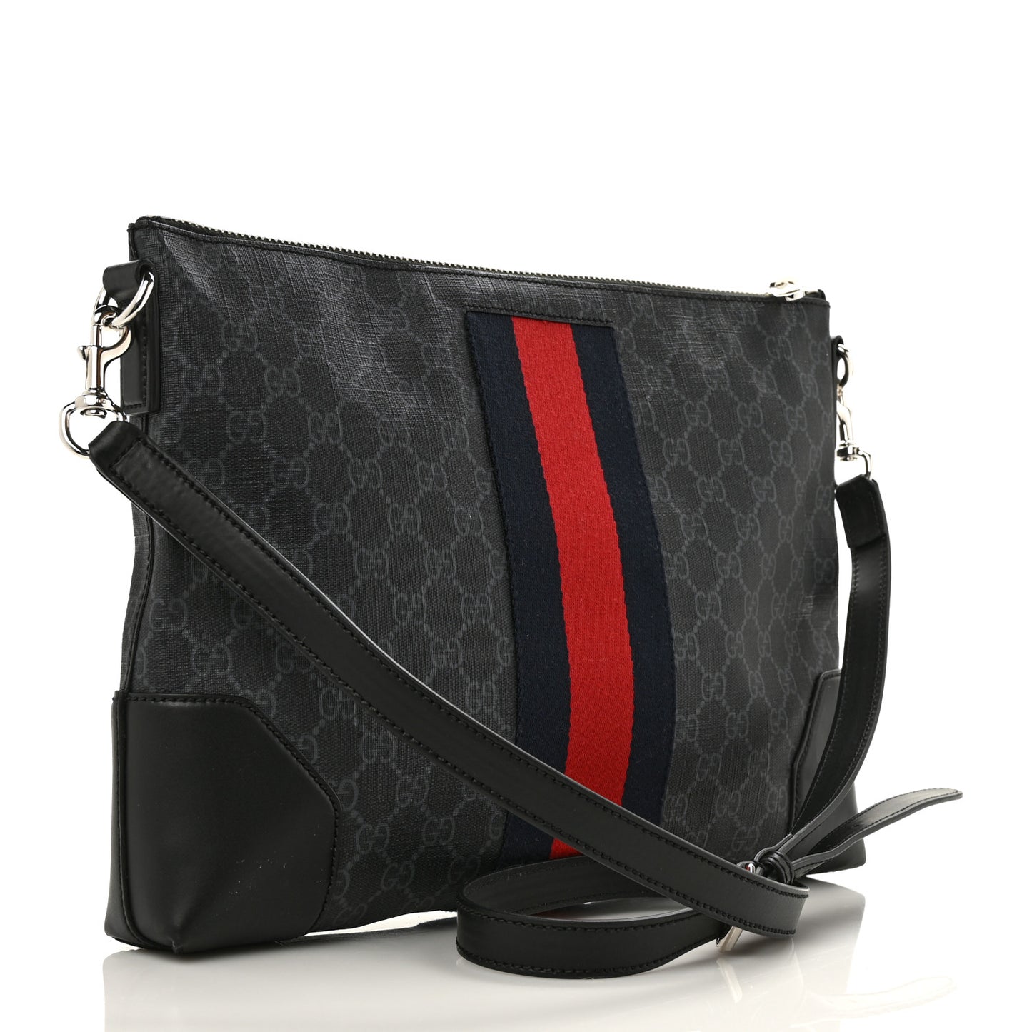 Soft GG Supreme Monogram Appia Calfskin Web East West Messenger Bag Black Grey