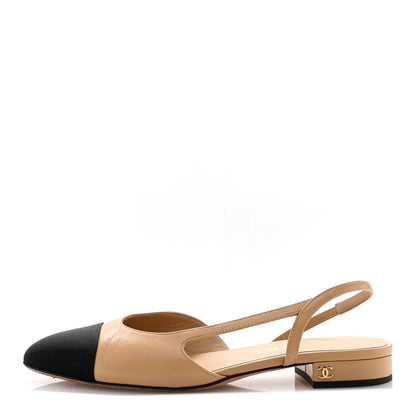 Chanel Goatskin Grosgrain Cap Toe CC Slingback Sandals 37.5 Beige Black 1 of 11