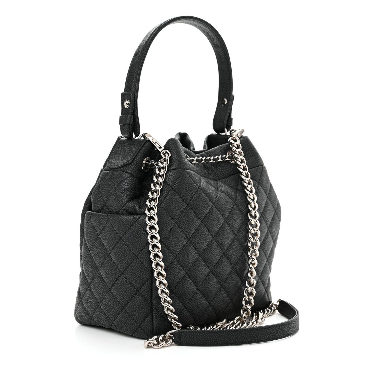 Caviar Flat Quilted CC Chain Bucket Drawstring Bag Navy