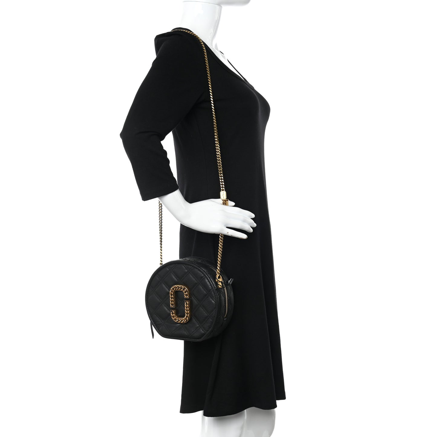 Grained Calfskin Quilted The Status Round Crossbody Black