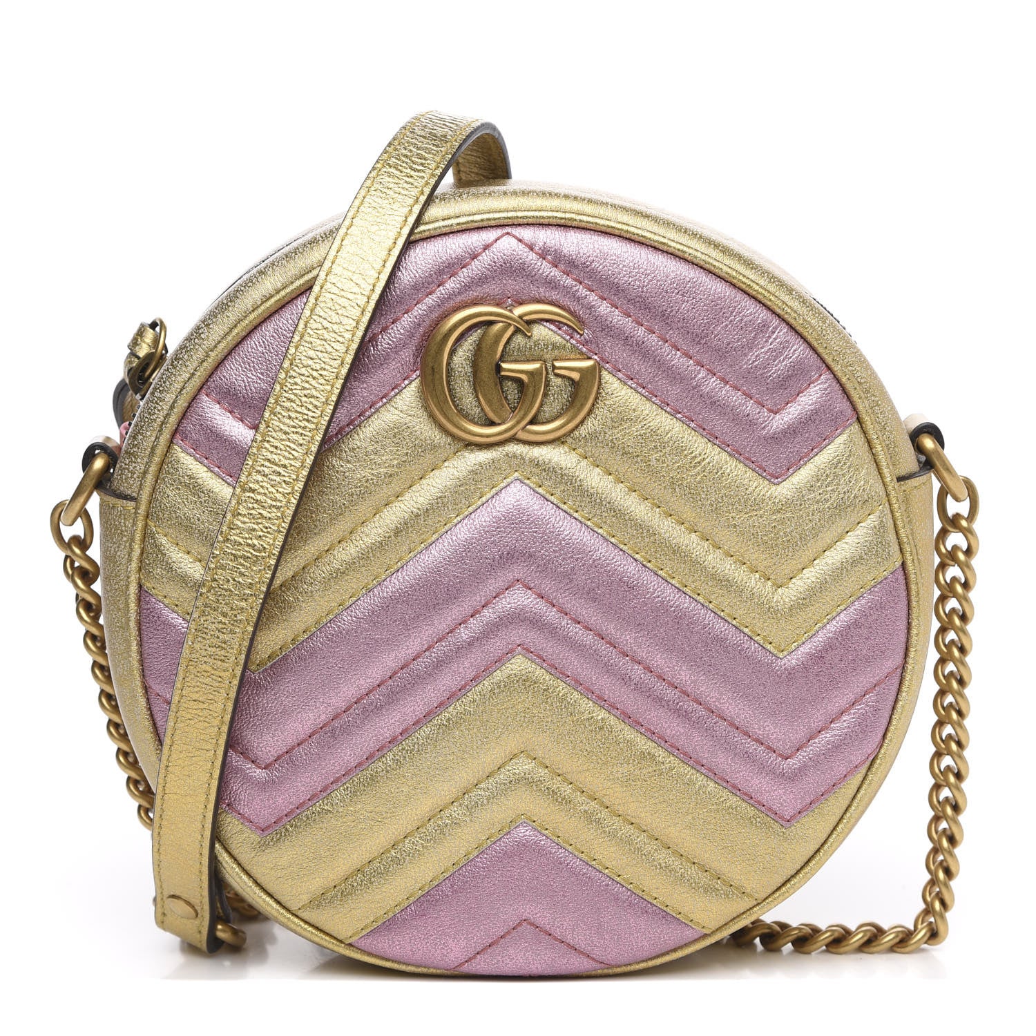 Gucci Metallic Nappa Matelasse Heart Mini GG Marmont Round Shoulder Bag Oro Vecchio Rosa 1 of 10