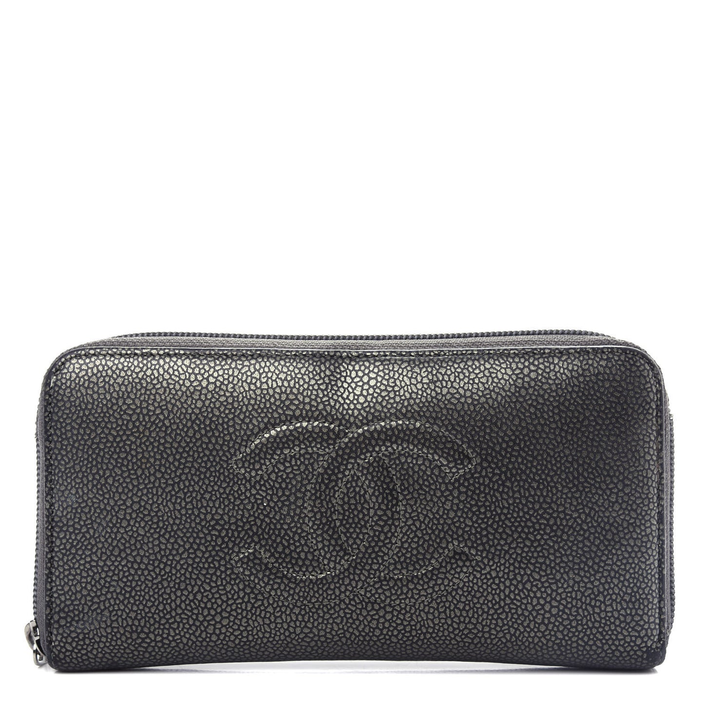 Metallic Calfskin Large Timeless CC Zip Around Wallet Argent Fonce