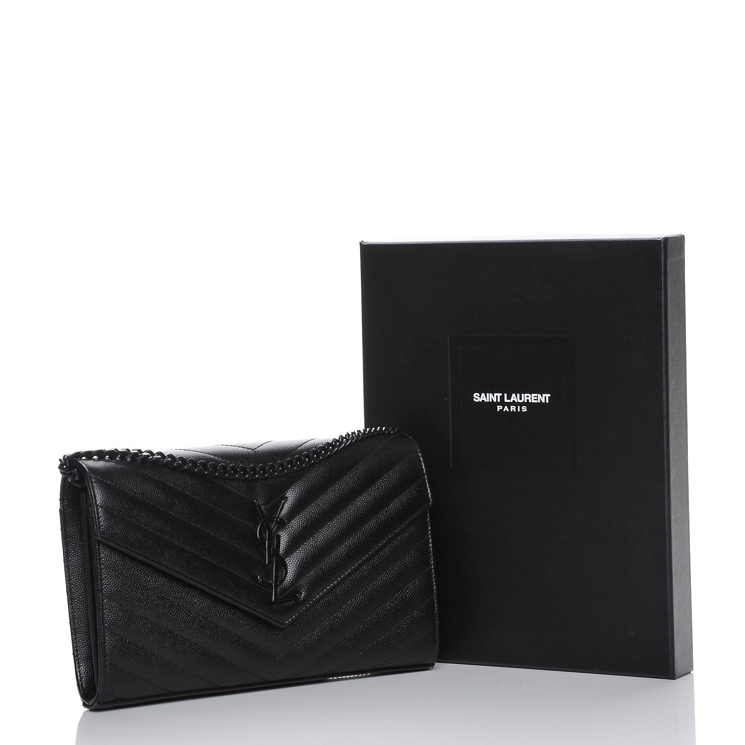 Saint Laurent Grain De Poudre Matelasse Chevron Monogram Chain Wallet Black 9 of 9