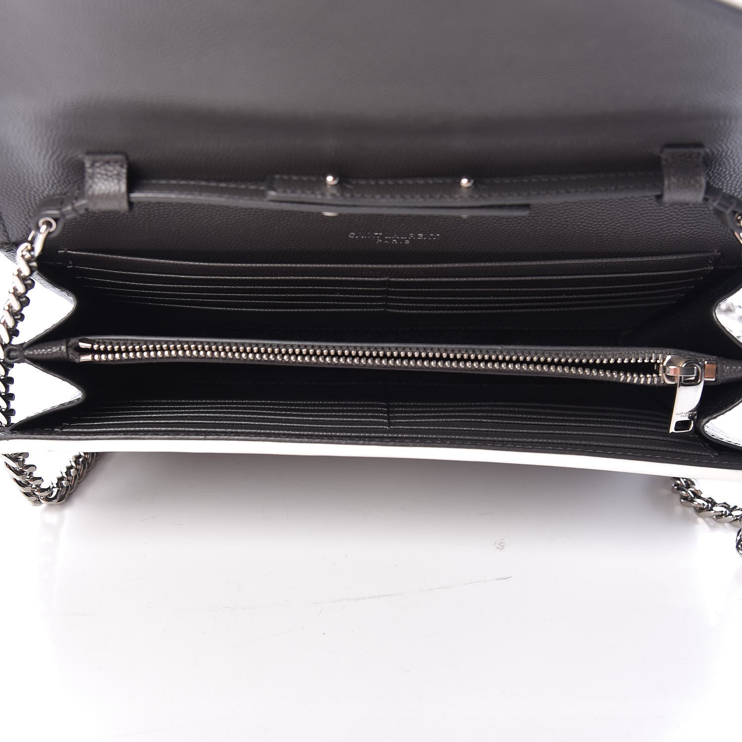 Saint Laurent Grain De Poudre Matelasse Chevron Monogram Chain Wallet Grey White 5 of 10