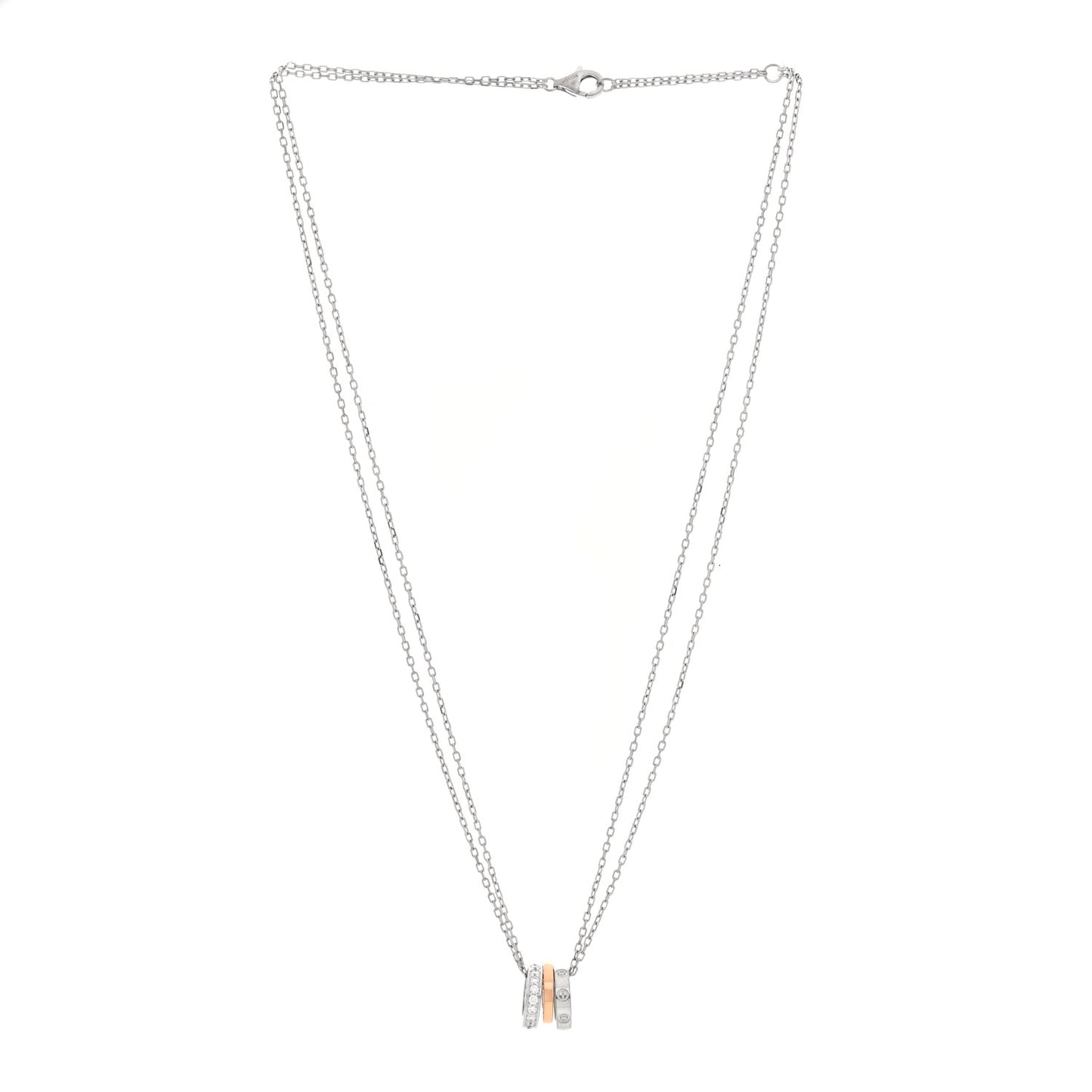 18K White Pink Gold Diamond Three Ring LOVE Pendant Necklace