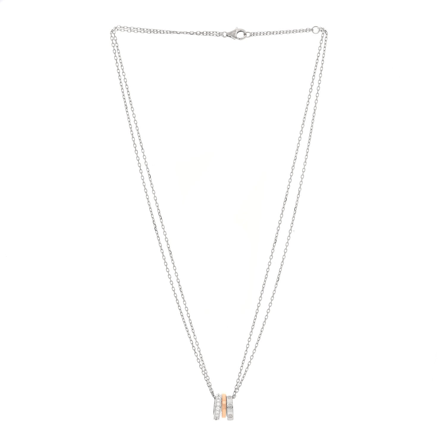 Cartier 18K White Pink Gold Diamond Three Ring LOVE Pendant Necklace 3 of 5