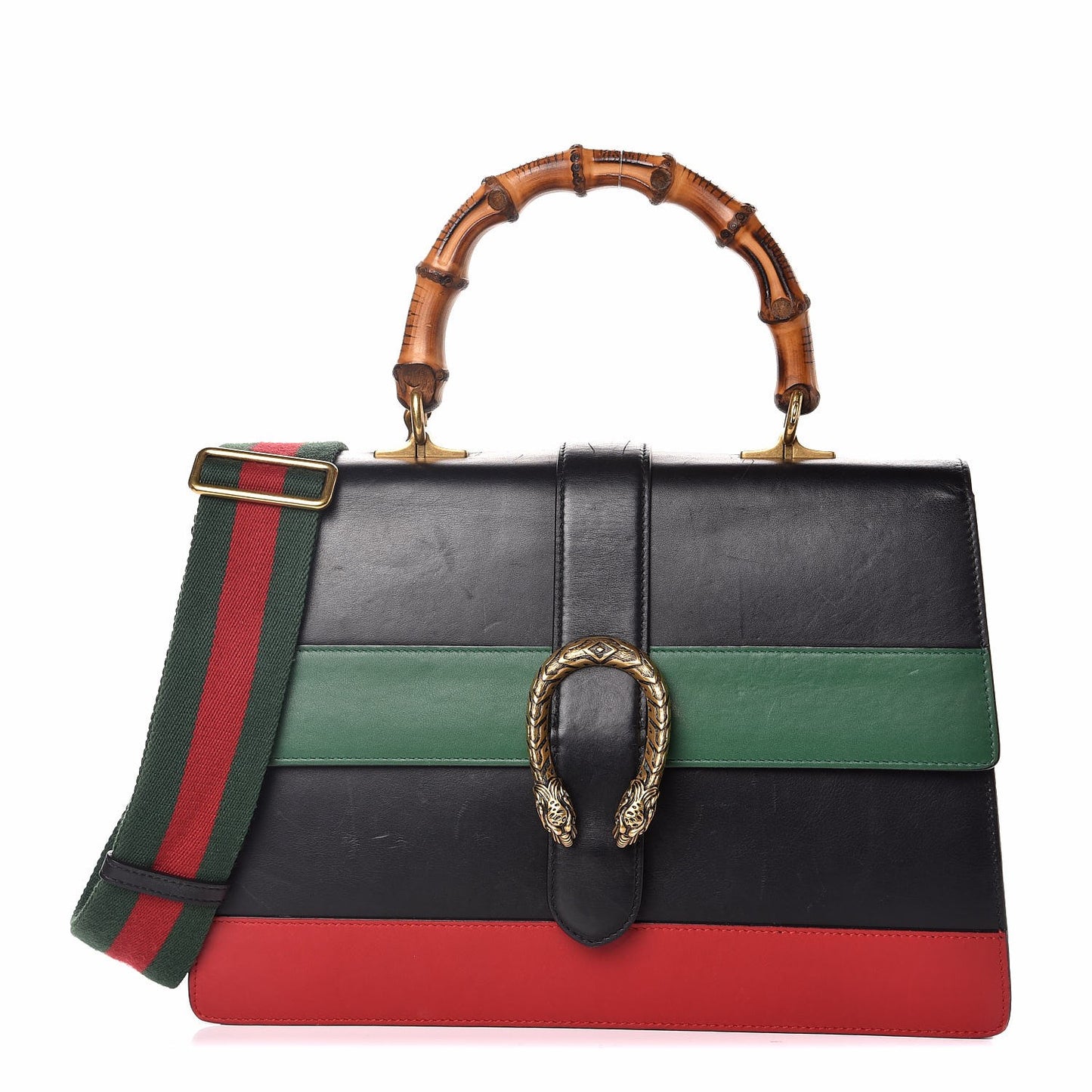 Calfskin Bamboo Web Large Dionysus Top Handle Bag Black Bright Evergreen Hibiscus Red