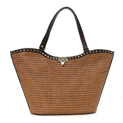 Valentino Garavani Synthetic Raffia Calfskin Rockstud Garden Tote Bag Tobacco Cacao 1 of 10