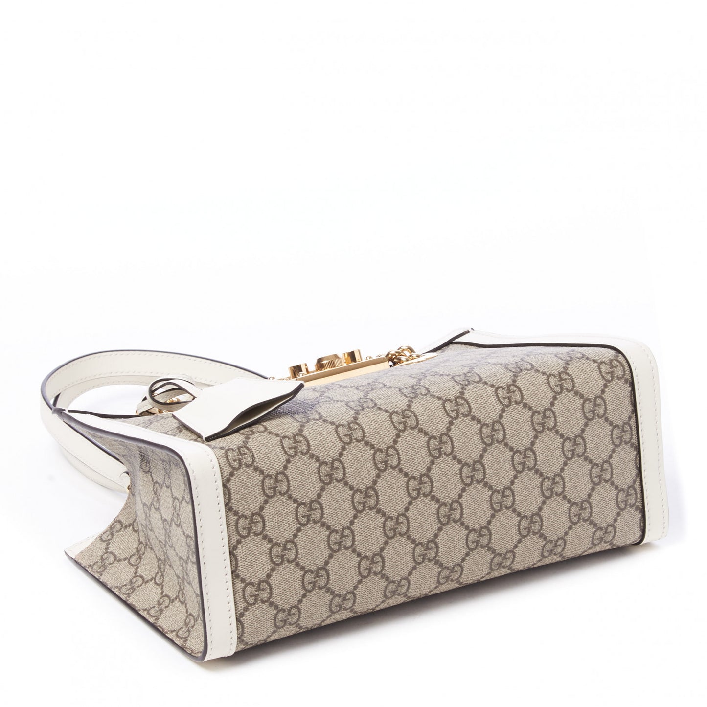 GG Supreme Monogram Moon Calfskin Small Padlock Tote Beige Ebony Mystic White