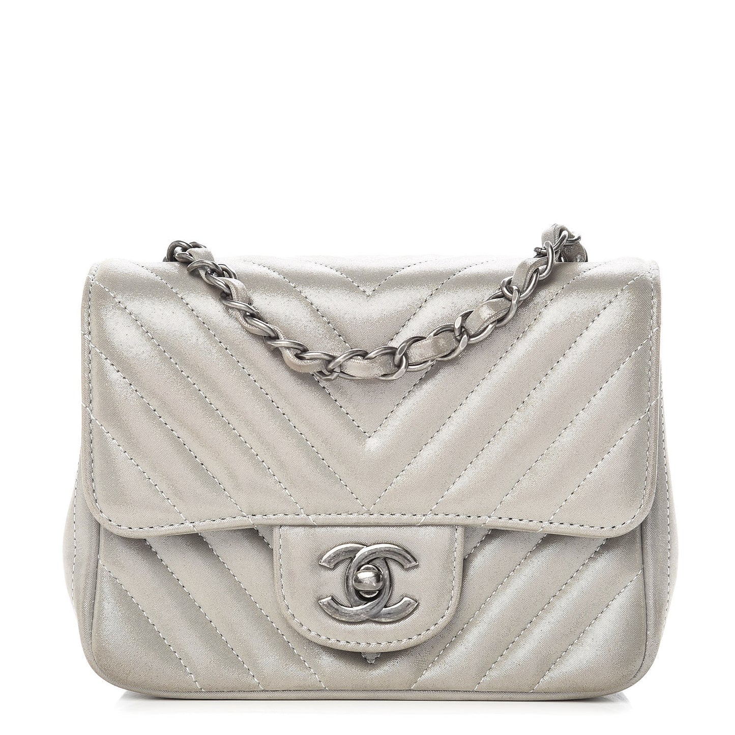 Iridescent Calfskin Chevron Quilted Mini Square Flap Silver
