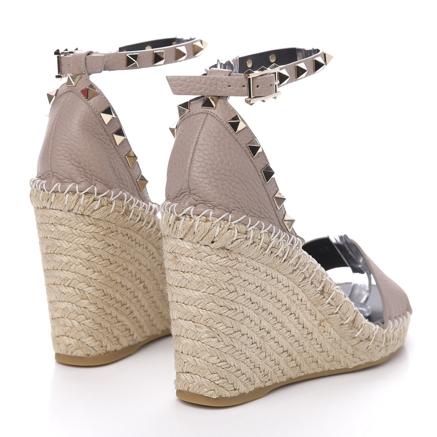 Valentino Garavani Grained Calfskin Rockstud Ankle Strap Espadrille 15/105mm Wedge Sandals 38 Poudre Natural 4 of 9