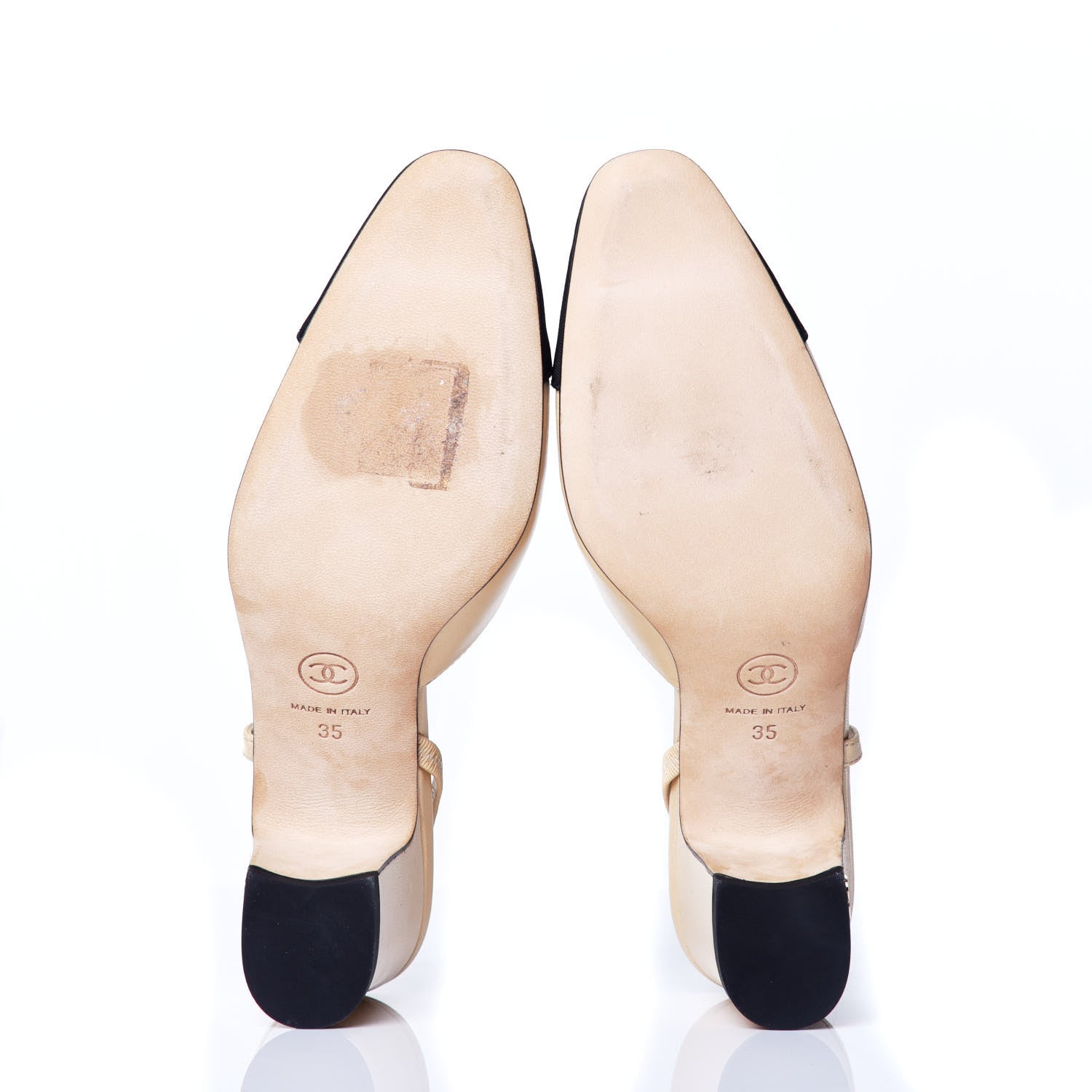 Chanel Goatskin Grosgrain Cap Toe CC Slingback Pumps 35 Beige Black 5 of 9