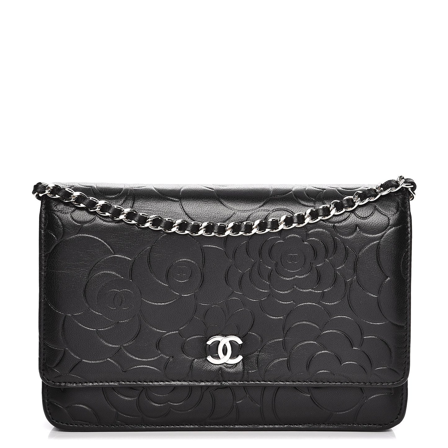 Lambskin Camellia Wallet on Chain WOC Black