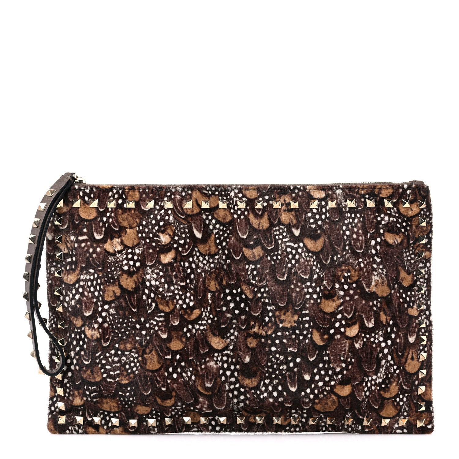 Valentino Garavani Calf Hair Feather Rockstud Zip Wristlet Pouch Brown 1 of 9