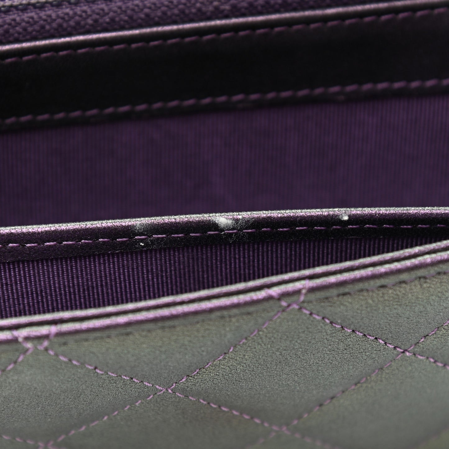 Metallic Lambskin Quilted Large Gusset Flap Wallet Purple