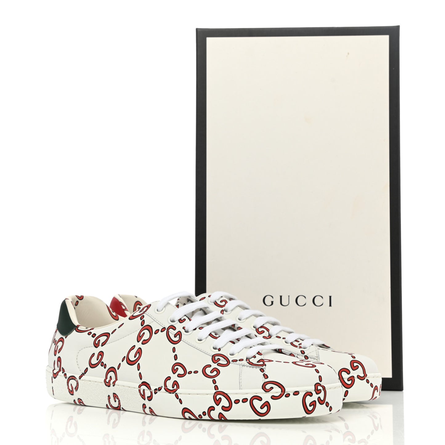 Calfskin GucciGhost Print Womens Ace Sneakers 8 White Hibiscus Red