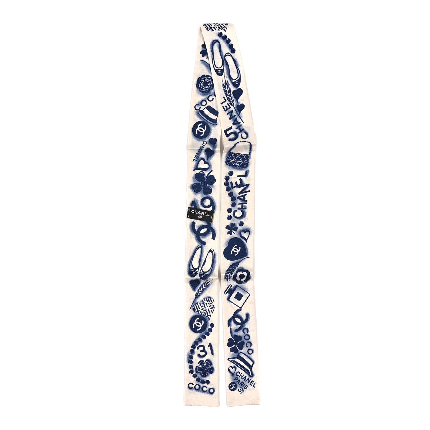 Chanel Silk CC Slim Bandeau Scarf Navy Ivory 2 of 3