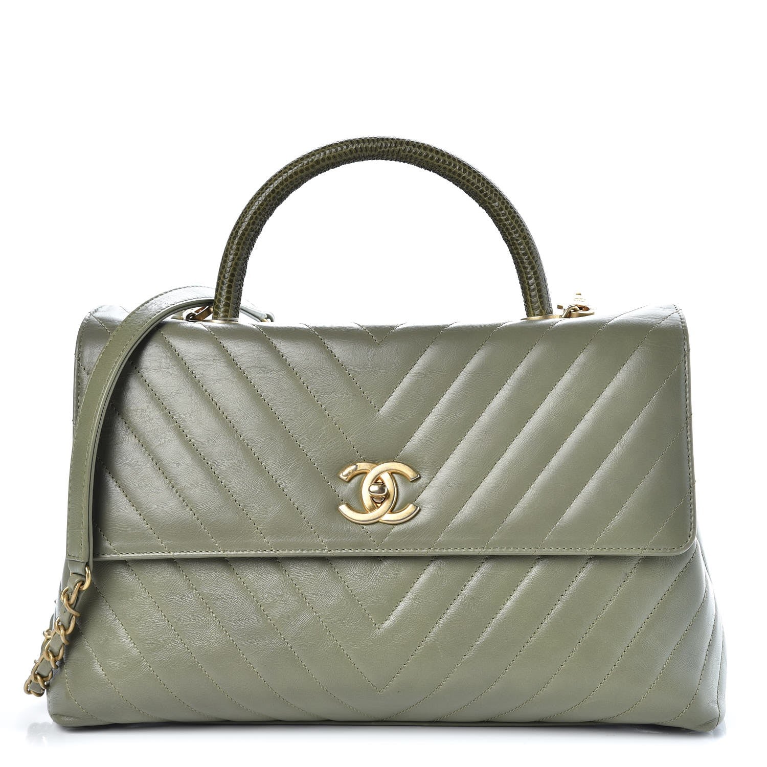 Chanel Calfskin Lizard Chevron Quilted Medium Coco Handle Flap Green 1 of 9