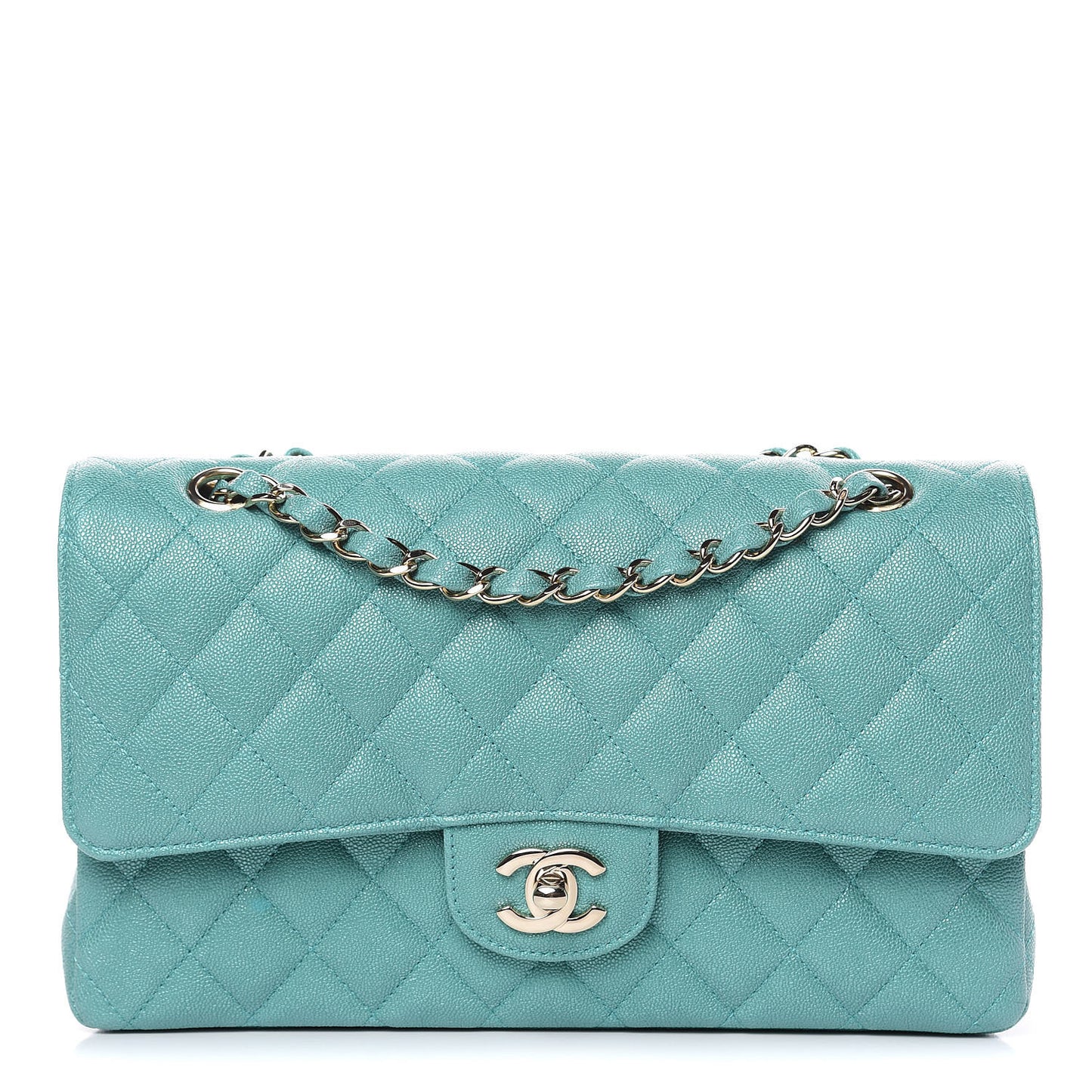 Iridescent Caviar Quilted Medium Double Flap Green