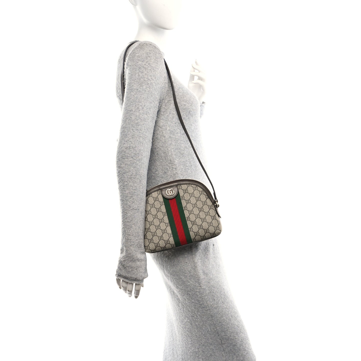 GG Supreme Monogram Textured Dollar Calfskin Web Small Ophidia Dome Shoulder Bag Beige Ebony New Acero