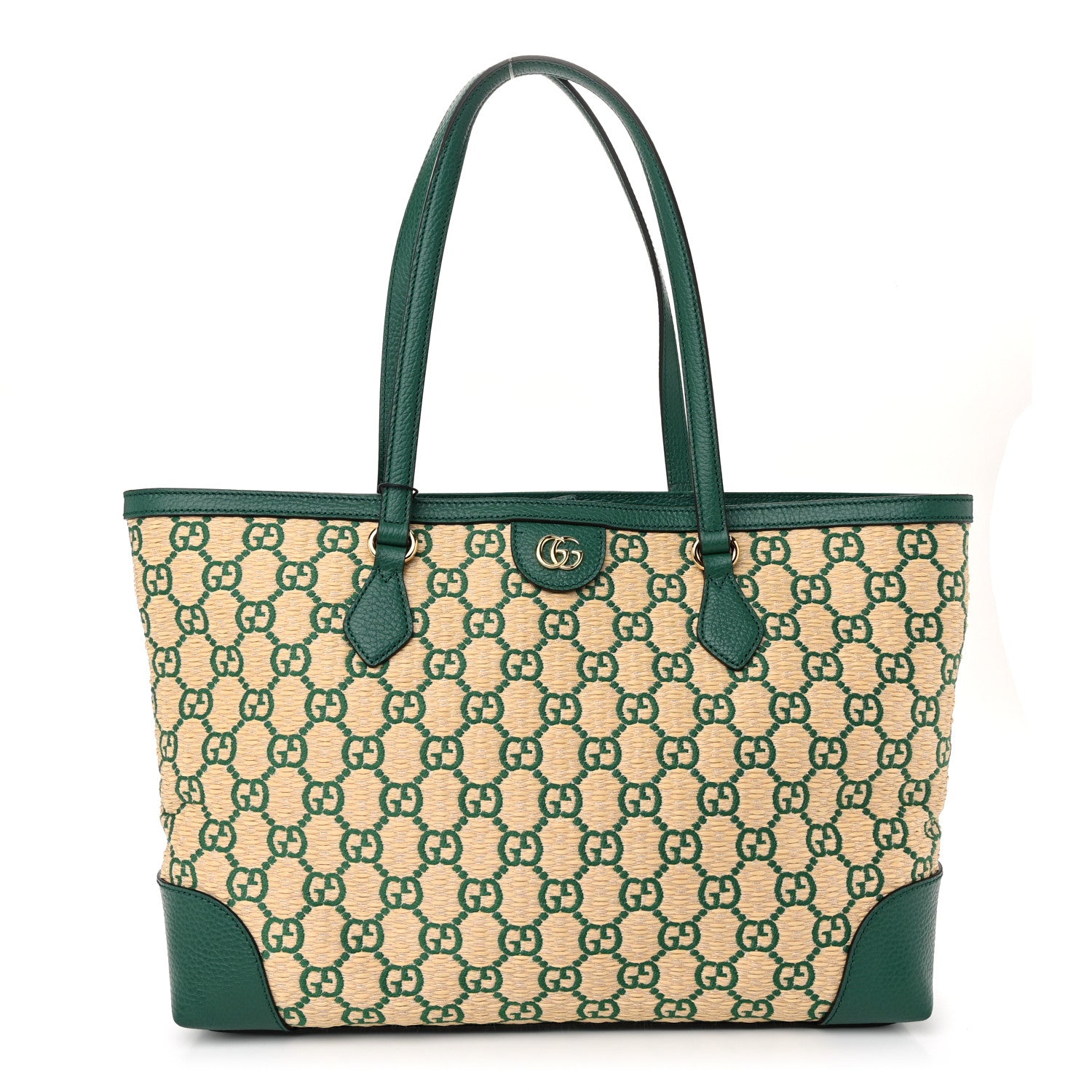 Gucci Straw Jacquard Dollar Calfskin GG Monogram Medium Ophidia Shopping Tote Natural Emerald 1 of 10