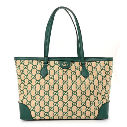 Gucci Straw Jacquard Dollar Calfskin GG Monogram Medium Ophidia Shopping Tote Natural Emerald 1 of 10