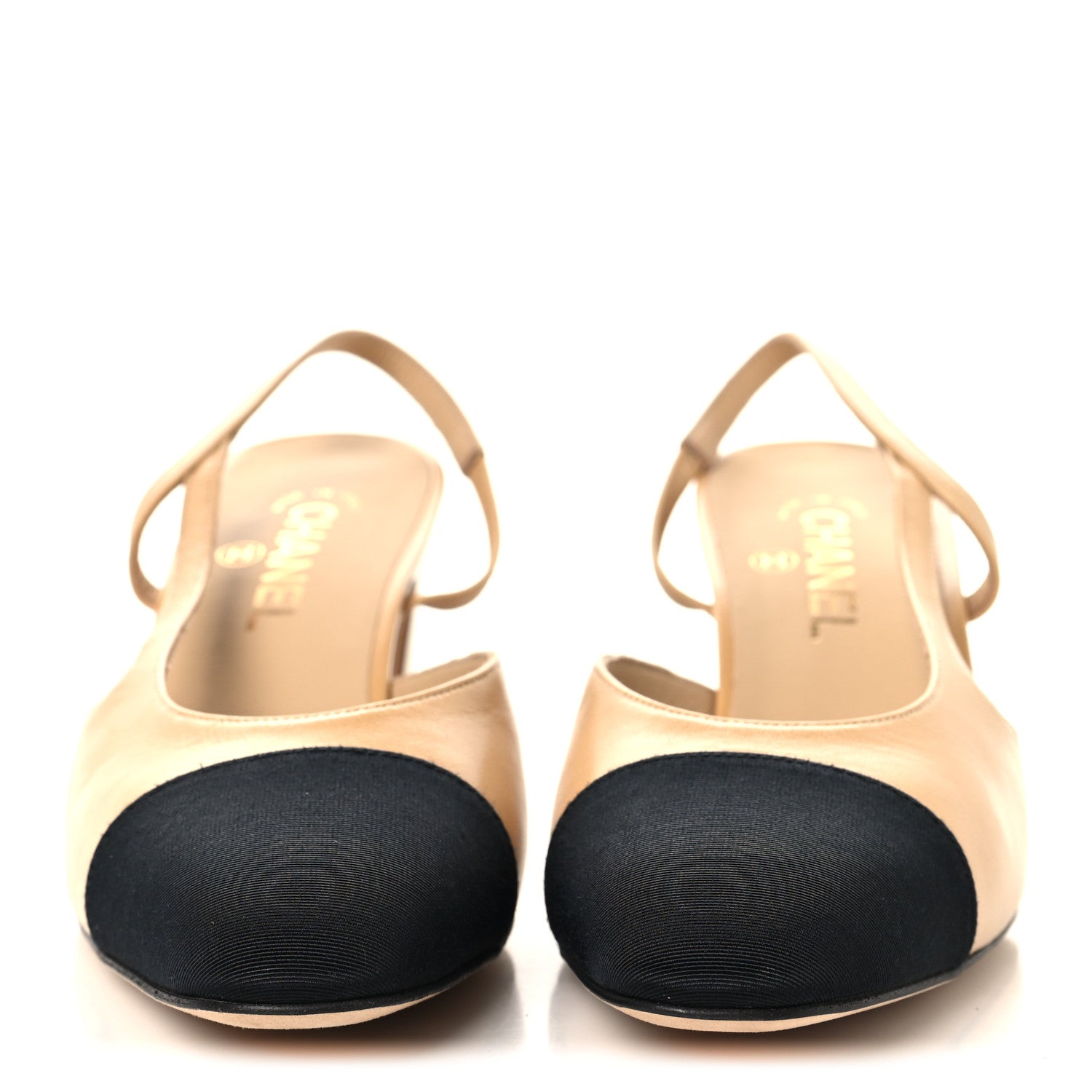 Chanel Goatskin Grosgrain Cap Toe CC Slingback Pumps 40.5 Beige Black 3 of 10