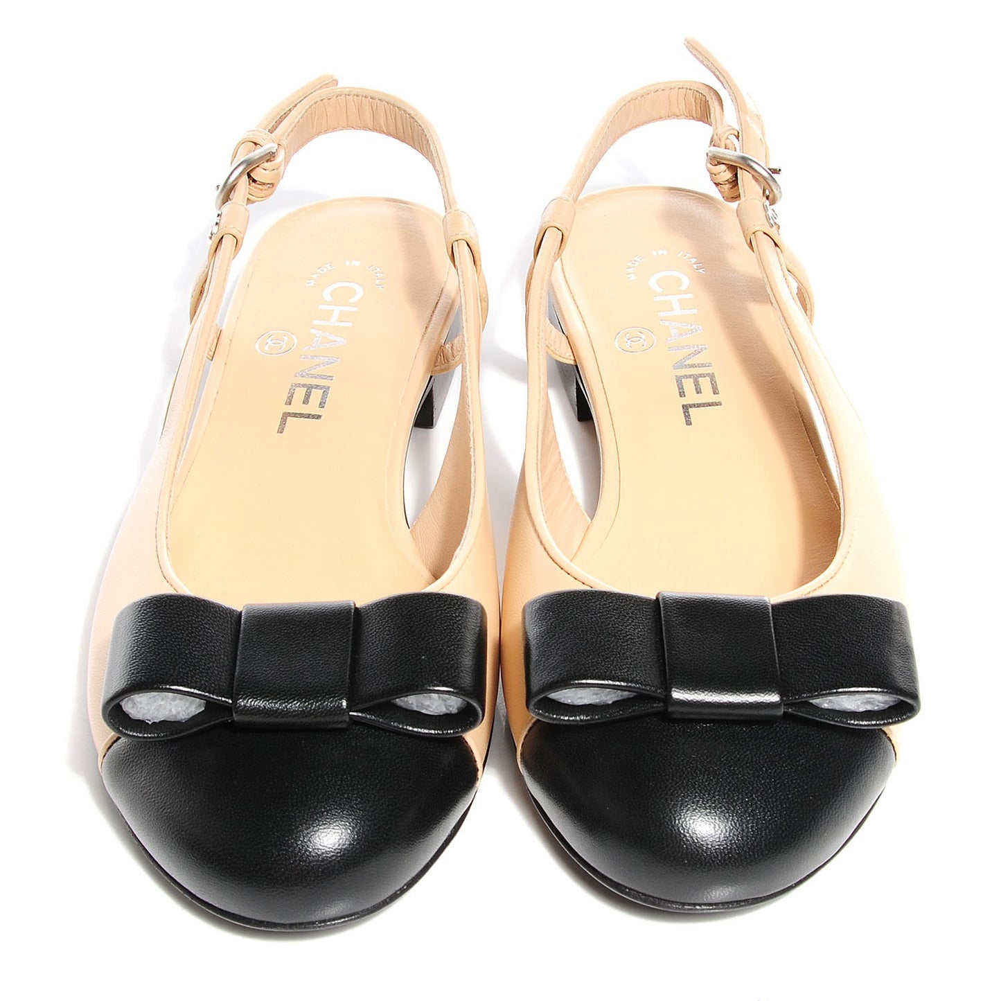 Lambskin Cap Toe Bow Sling Back Flats Black Beige 37