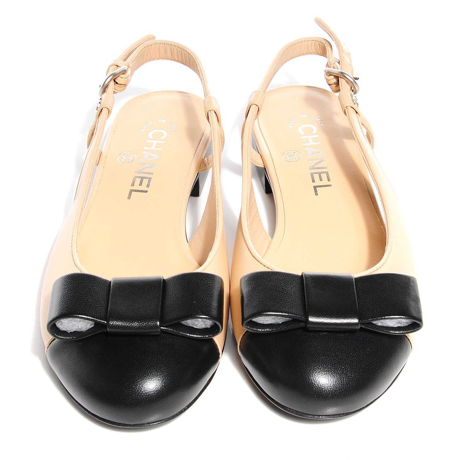 Chanel Lambskin Cap Toe Bow Sling Back Flats Black Beige 37 2 of 6