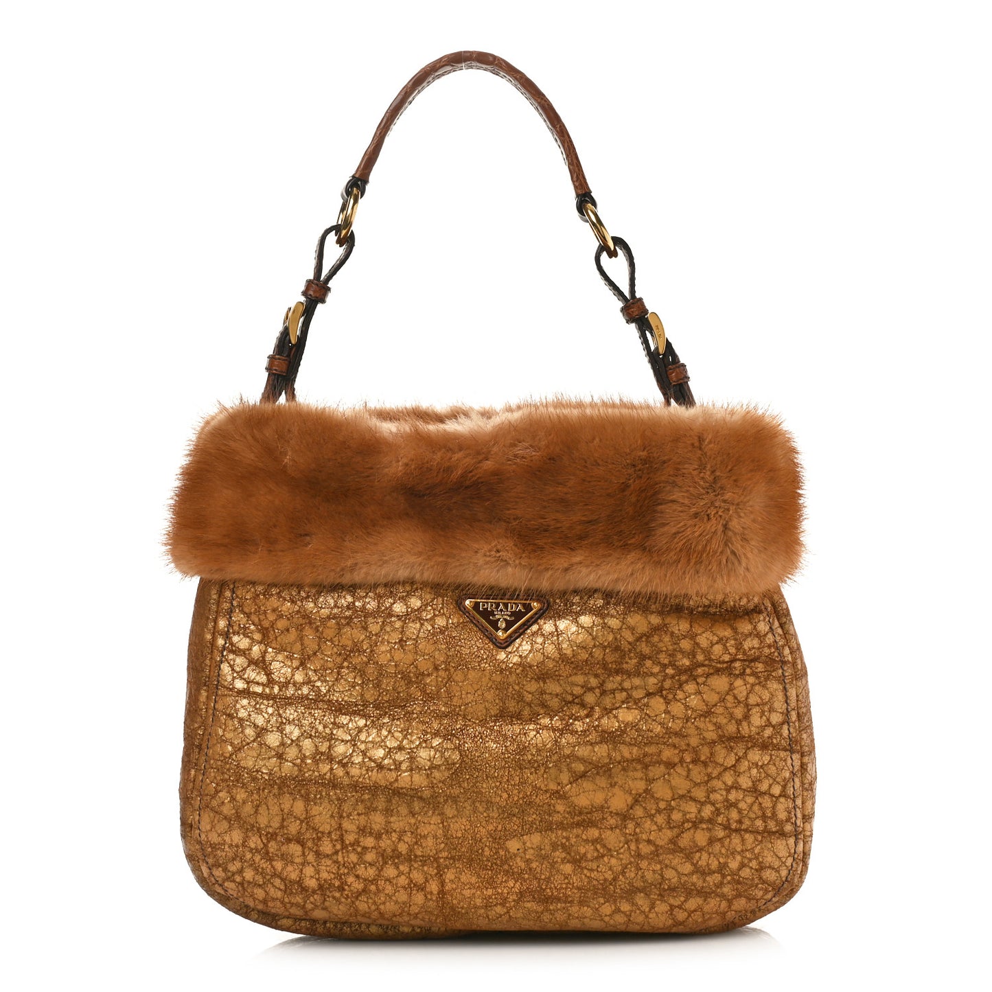 Metallic Suede Mink Shearling Crocodile Embossed Tote Gold