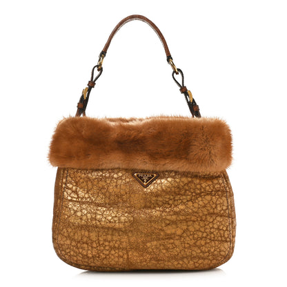 Prada Metallic Suede Mink Shearling Crocodile Embossed Tote Gold 1 of 10