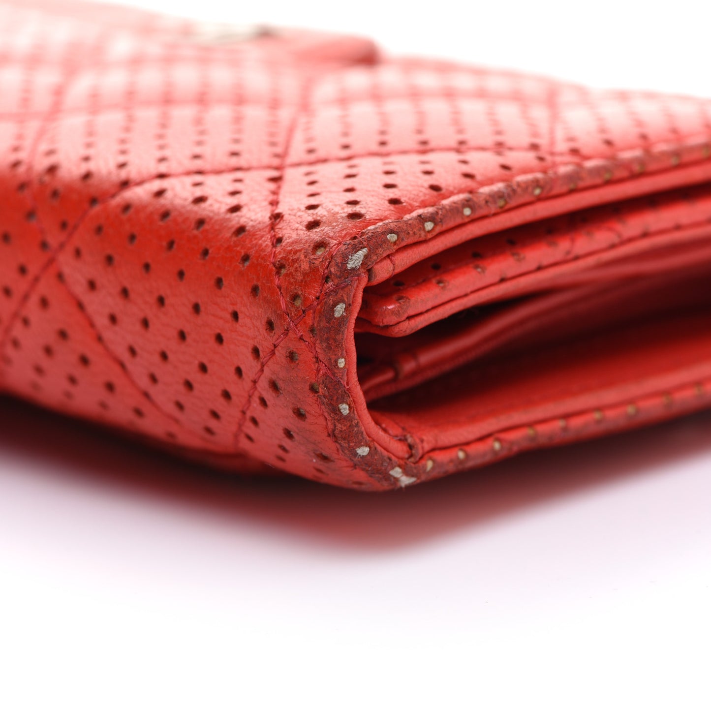 Perforated Lambskin Quilted Flap Wallet Red