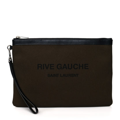 Saint Laurent Linen Canvas Rive Gauche Zipped Pouch Khaki Black 1 of 10