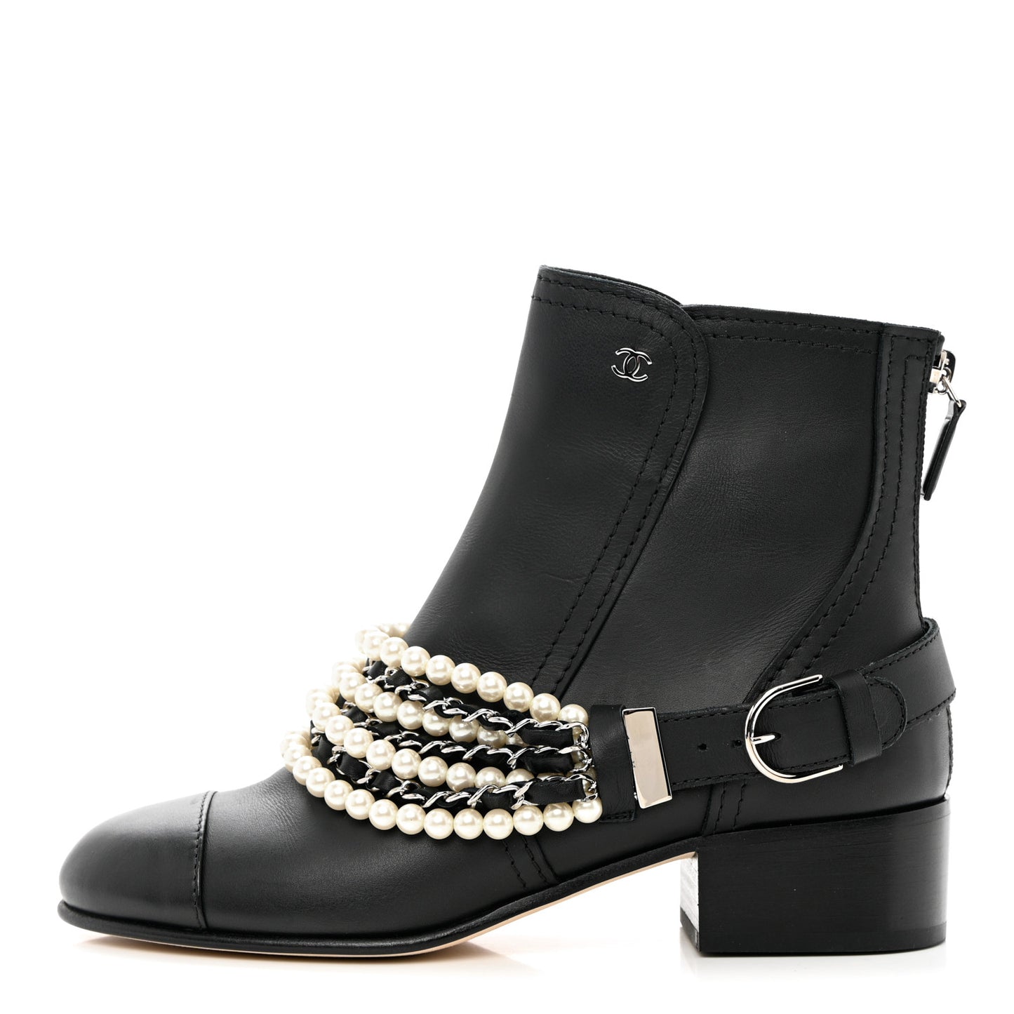 Calfskin Pearl Cap Toe Short Boots 37 Black