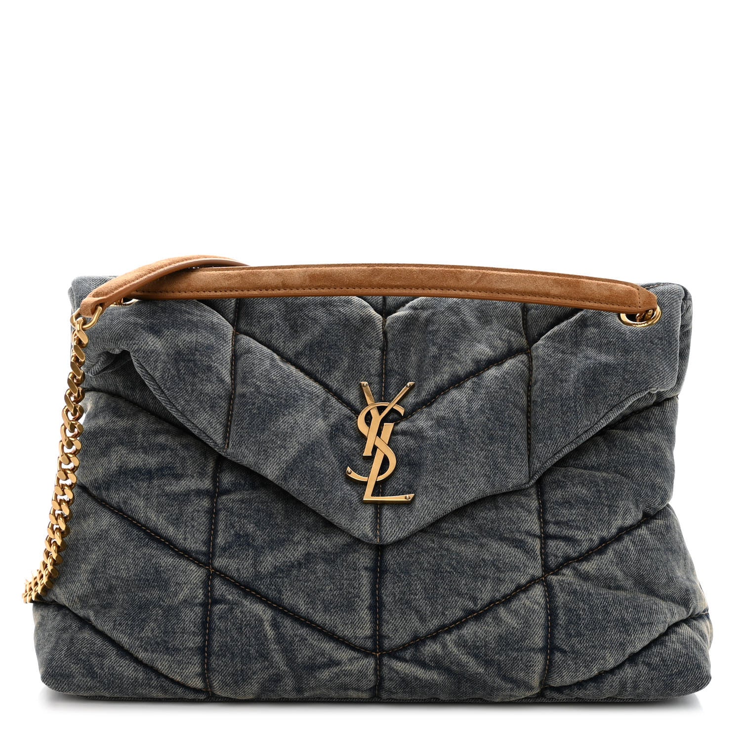Saint Laurent Denim Quilted Medium Loulou Puffer Monogram Chain Satchel Blue Cinnamon 1 of 9