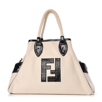 Fendi Canvas Patent Grommet De Jour Tote Natural 1 of 7