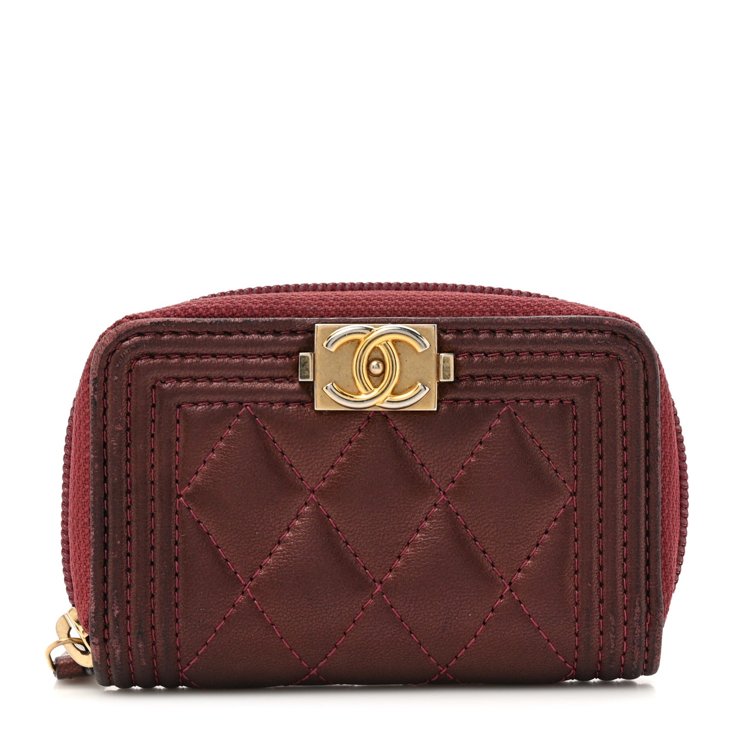 Lambskin Quilted Boy Zip Around Coin Purse Wallet Burgundy