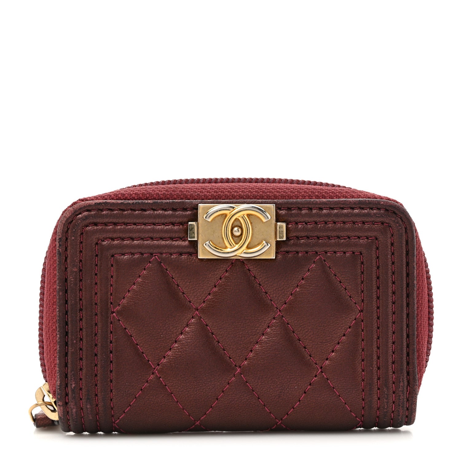 Chanel Lambskin Quilted Boy Zip Around Coin Purse Wallet Burgundy 1 of 12