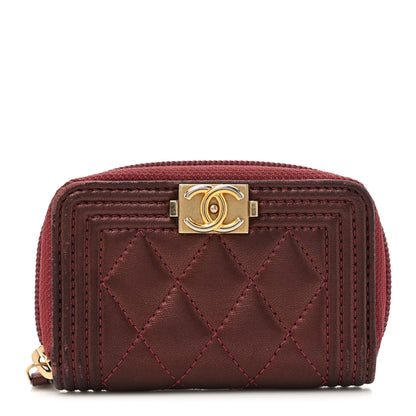 Chanel Lambskin Quilted Boy Zip Around Coin Purse Wallet Burgundy 1 of 12