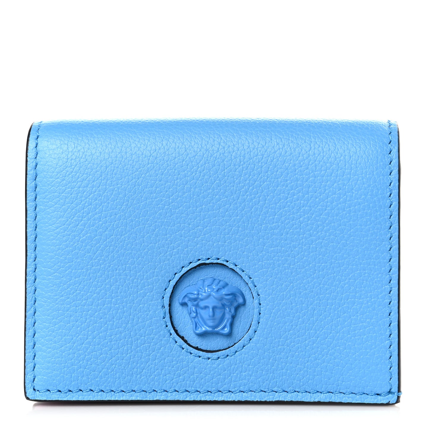 Grained Calfskin Medusa Card Holder Wallet Light Blue Purple