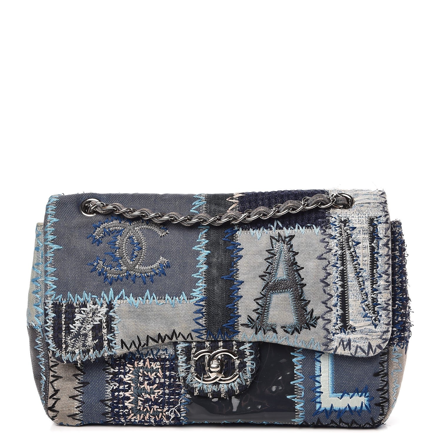 Chanel Denim Tweed Patchwork Jumbo Single Flap Blue 1 of 14