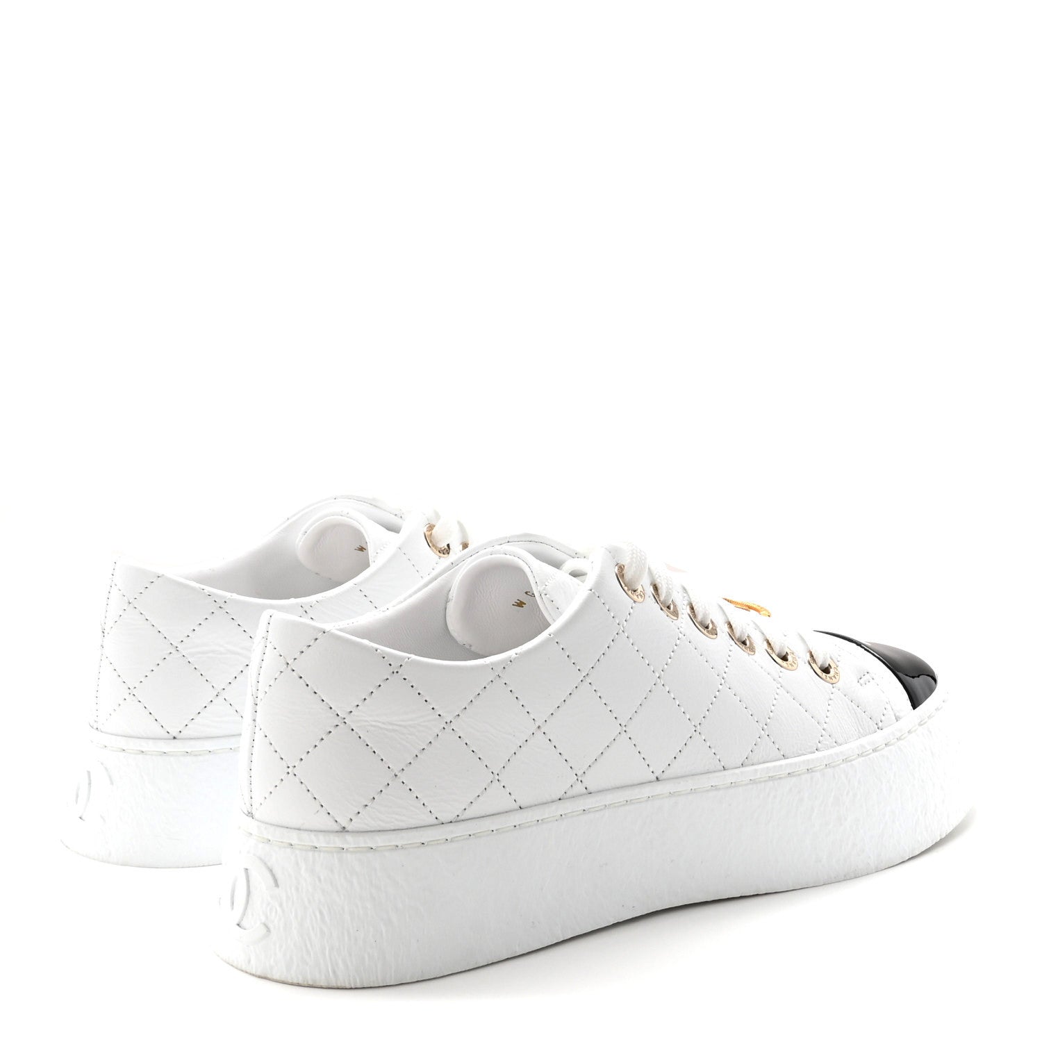Chanel Crumpled Lambskin Patent Cap Toe CC Stitched Sneakers 37.5 White Black 5 of 10
