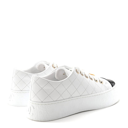 Chanel Crumpled Lambskin Patent Cap Toe CC Stitched Sneakers 37.5 White Black 5 of 10