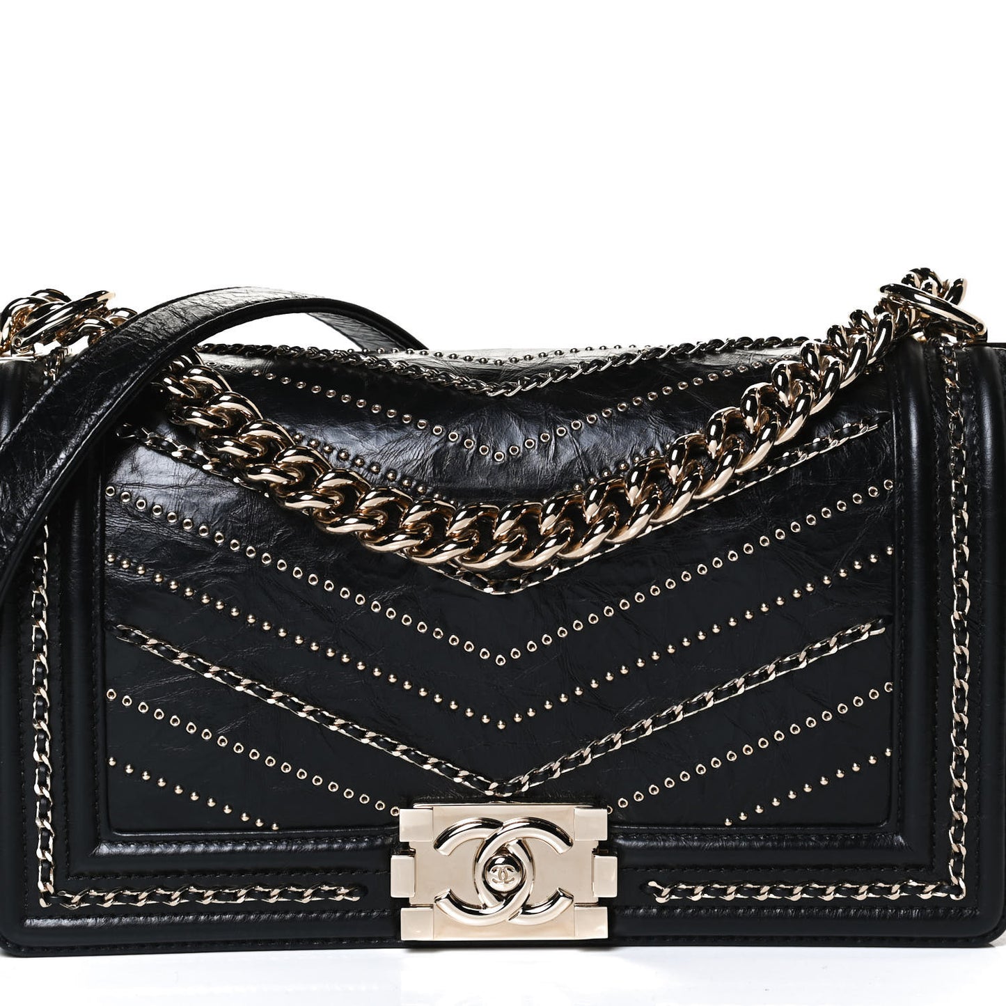 Crumpled Calfskin Chevron Chain Medium Boy Flap Black