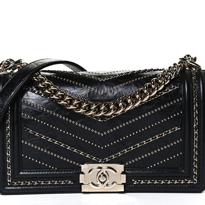 Chanel Crumpled Calfskin Chevron Chain Medium Boy Flap Black 8 of 12