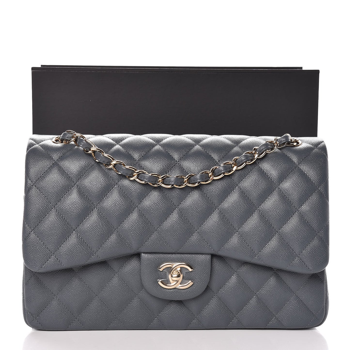 Caviar Quilted Jumbo Double Flap Dark Grey